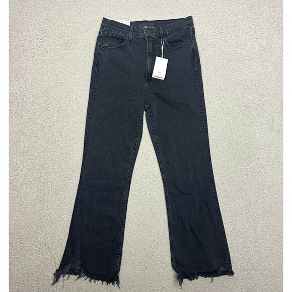 3x1 Empire Frayed Crop Flare High Rise Jeans  in Starling Black Denim - Picture 1 of 16